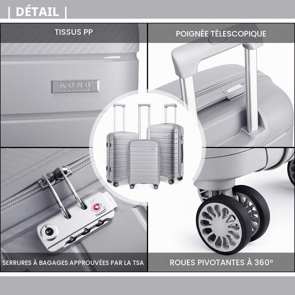 Kono Valise Trolley Moyenne 65cm Valise de Transport Rigide en Polypropylène Ultra Léger à 4 roulettes avec Serrure TSA Intégré 66L (Gris)