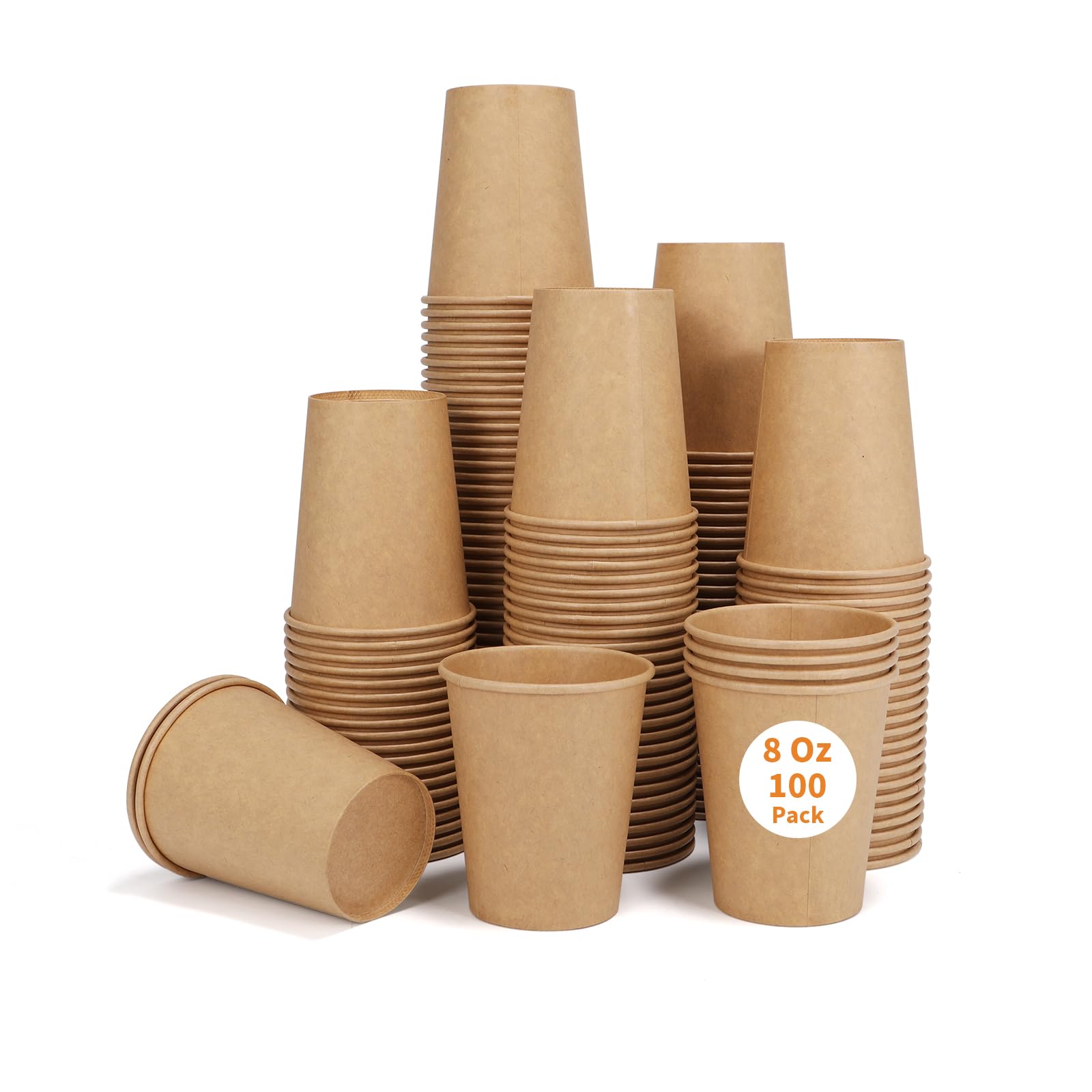 Disposable Cups, 100 Pack 8 Oz Kraft Paper Cups, Paper Coffee Cups, Disposable Cups 8 oz for Hot or Cold Beverage