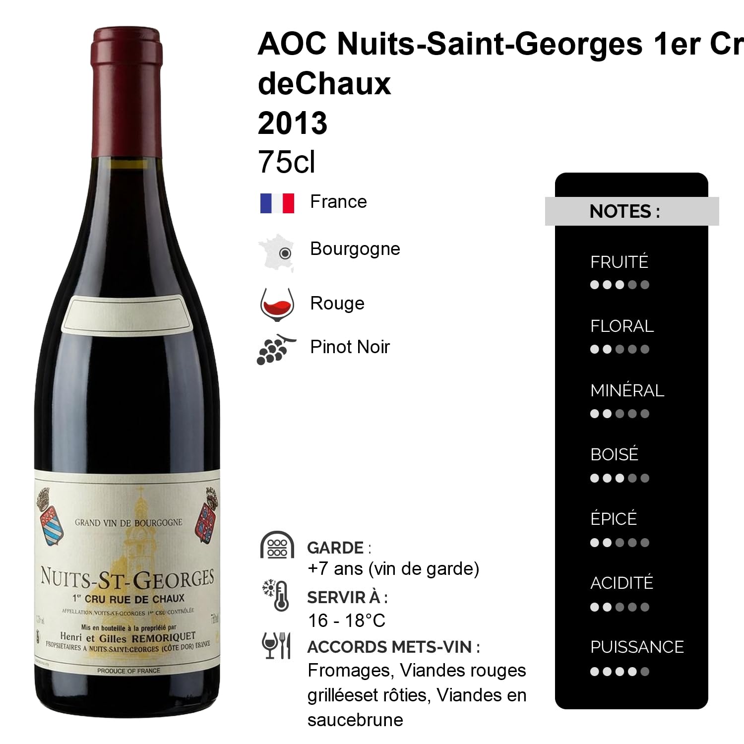 Nuits-Saint-Georges 1er Cru Rue de Chaux - Rouge 2013 - Domaine Henri et Gilles Remoriquet - Grand Vin Rouge de Bourgogne (75cl)