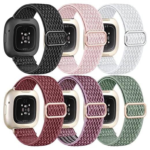 Ouwegaga Pacote com 6 pulseiras elásticas compatíveis com Fitbit Sense / Fitbit Versa 3 4 pulseiras para mulheres e homens/Fitbit Sense 2, pulseira esportiva de nylon elástico ajustável