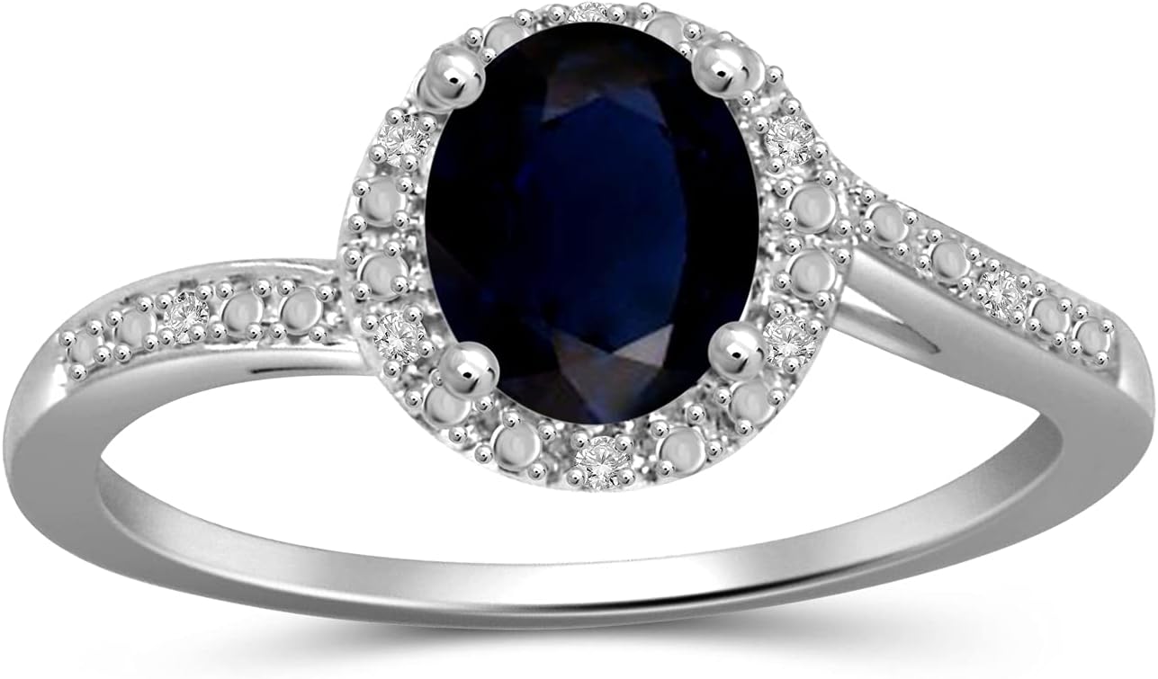 JEWELEXCESS Sapphire Ring September Birthstone Jewelry – 1.00 Carat Sapphire Sterling Silver Ring Jewelry with White Diamond Accent – Gemstone Rings with Hypoallergenic Sterling Silver Band