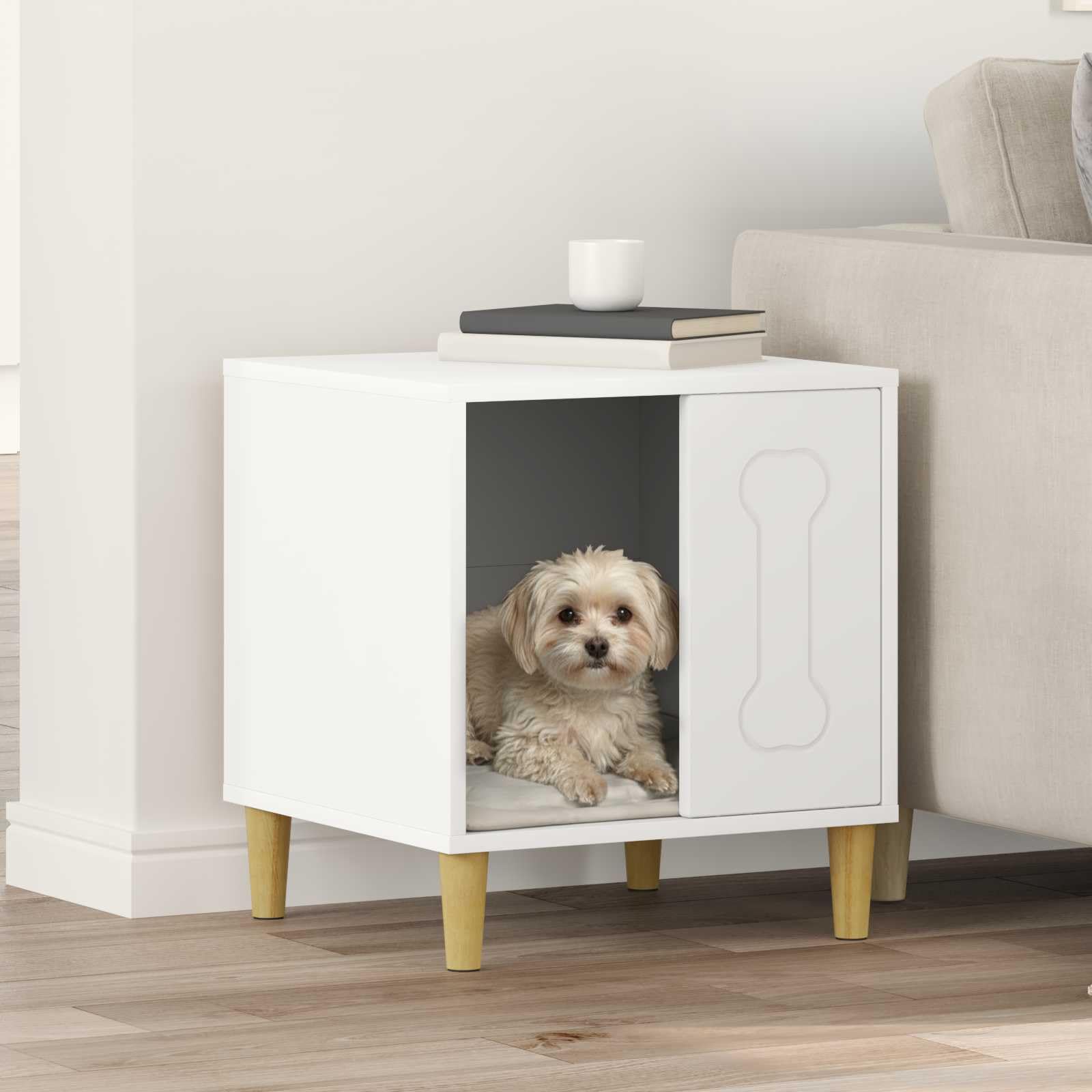 Mangloder Weiße Hundehütte aus Holzwerkstoff, 44 x 42 x 49 cm, Indoor Hundehaus mit Montagematerial, robuster Rückzugsort für Haustier, Schlafplatz, Ruheplatz, moderner Wohnstil