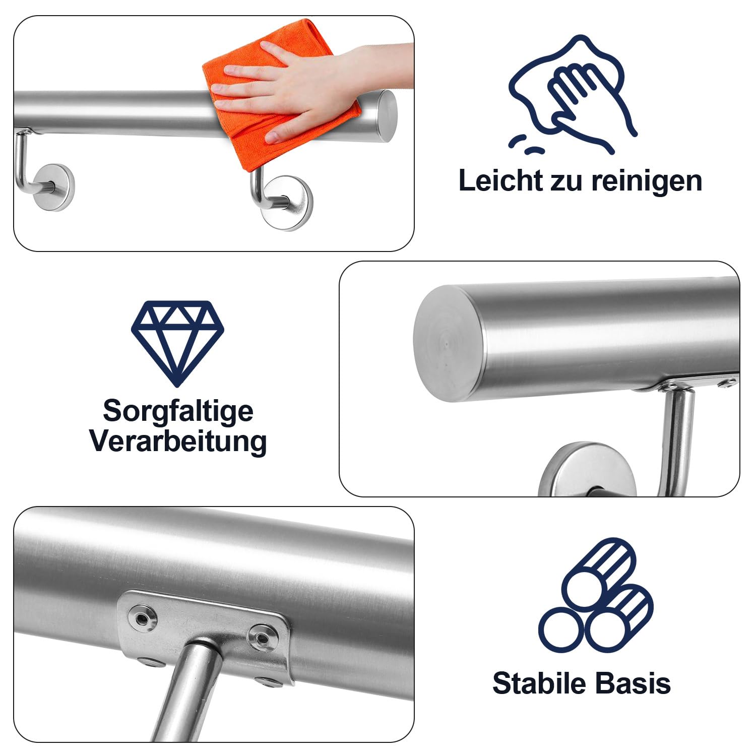 Handlauf Edelstahl,Treppengeländer Wandhandlauf Innen & Außen,Geländer Handlauf Treppe,inkl. Wandhalterung und Endkappen, Rund Ø42mm,Treppe Wandhalter Haltegriff Stange, Länge:180 cm