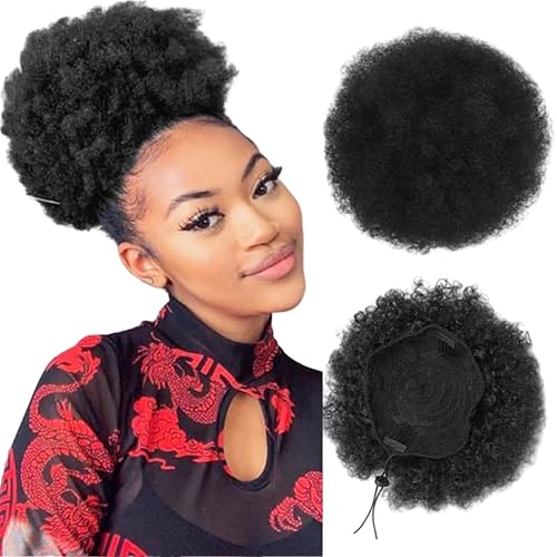 Cabello humano afro rizado con cordón, cola de caballo alta con cordón, moño con 2 clips en las extensiones de pelo Updo Donut Chignon pelo corto