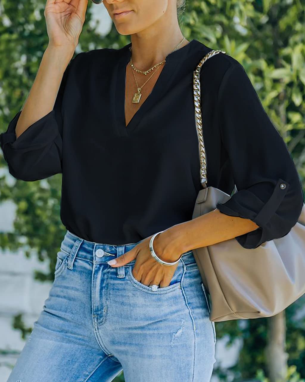 NONSAR Camicetta da donna Henley, elegante, con scollo a V, maniche arrotolabili, in stile casual