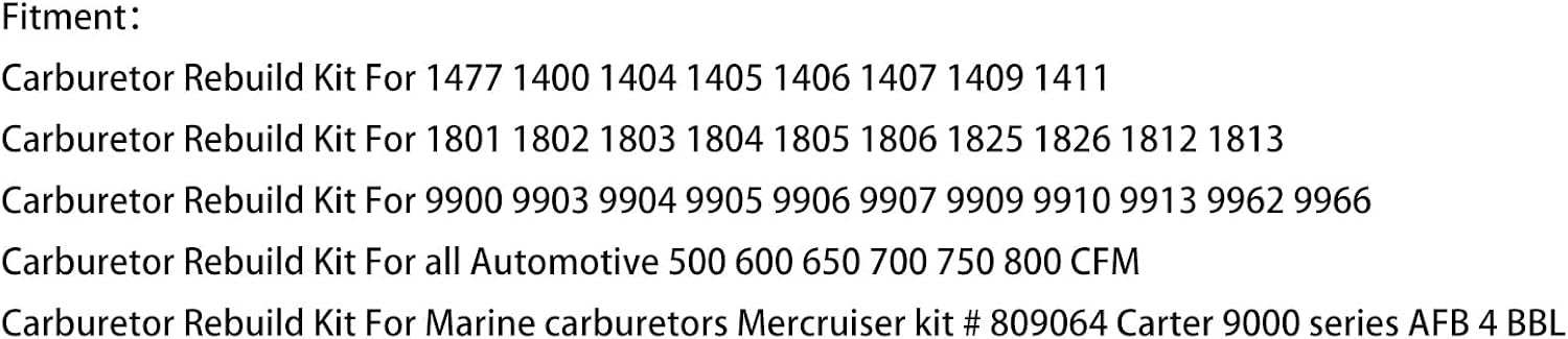 Carburetor Rebuild Kit Replacement for 1400 1405 1406 1407 1409 1410 1411 Carburetor AFB 4 Barrel 500 600 650 700 750 800 CFM Marine Carburetor