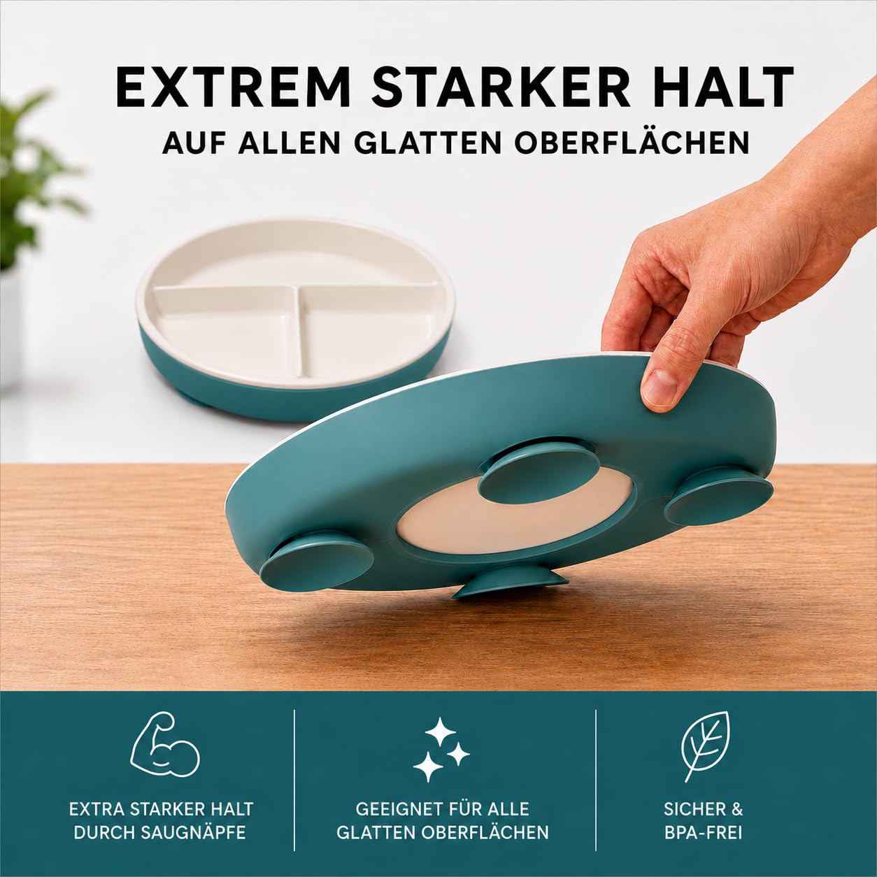 Hochwertiger Kinderteller/Babyteller aus gehärtetem, robustem Porzellan mit Schutz aus elegantem Silikon und rutschfesten Saugnäpfen; ideal auch als Teller für Camping, Wohnmobil und Boot