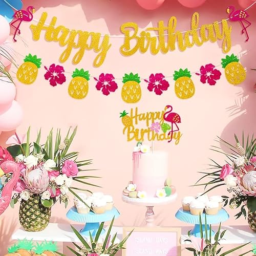 Hawaiian Flamingo Happy Birthday Decorations Banner And Cake Topper Marwey Pineapple Palm Leaf Tropical Party Supplies Pink Glitter Décor #TOP5