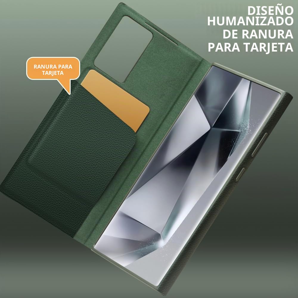 Funda inteligente de cuero genuino para Samsung Galaxy S23 Ultra, funda de teléfono ultraligera con Smart View para S23 Ultra (solo para S23 Ultra, verde)