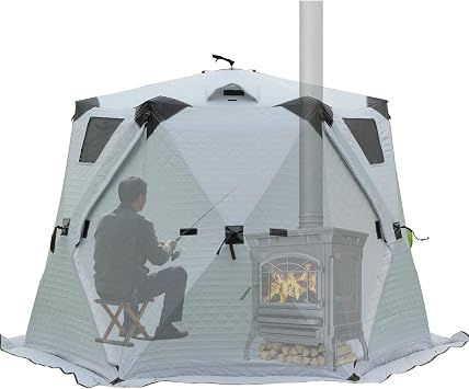 612 Person Ice Fishing Shelter Large Insulated Hot Tent with Stove Jack, Thickened Insulation Material,2 Doors,4 TPU Windows,Vent Ports,Portable Pop-Up Winter Camping Ice House Silver-6-8Person