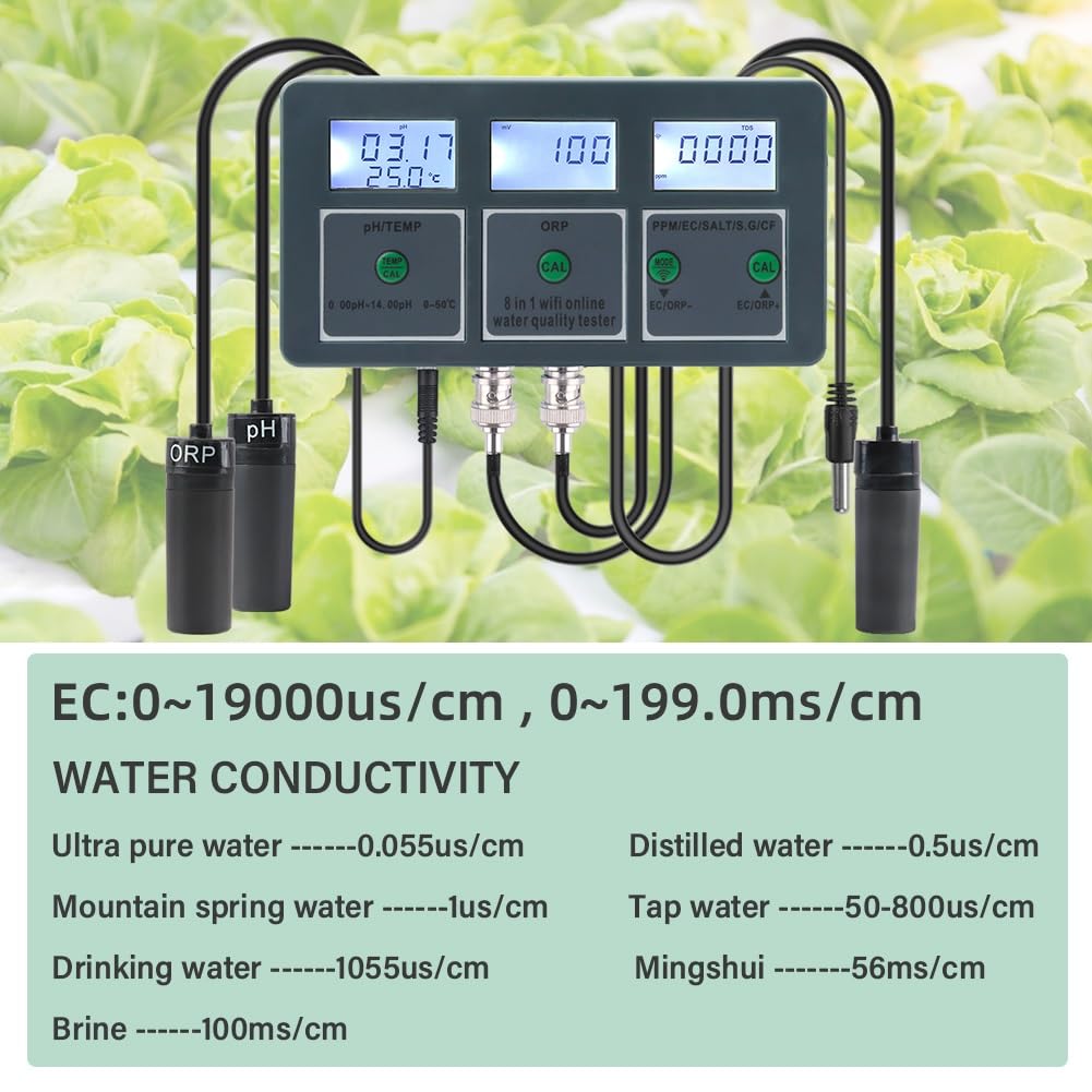 Probador de agua inteligente, monitor de calidad del agua WiFi, medidor de pH, registrador de datos, temperatura TDS, salinidad, SG EC ORP, analizador for acuarios, hidroponía de piscina