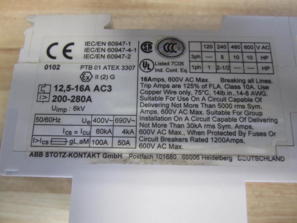ABB MS325-16 Manual Motor Starter, 16 Rated Amps, 12.5-16.0 Amps Range