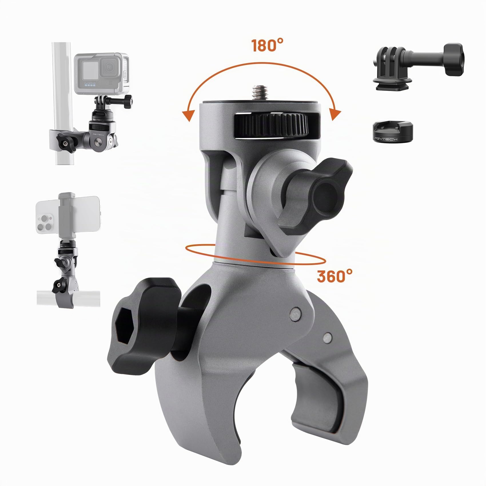 PGYTECH CapLock Super Clamp Moto Support à Pinceen Alliage d'Aluminium pour Insta360 X5, Pince en Forme de Crabe avec vis 1/4" pour GoPro Hero, pour DJI Osmo 360/Pocket/Action et Autres Accessoires