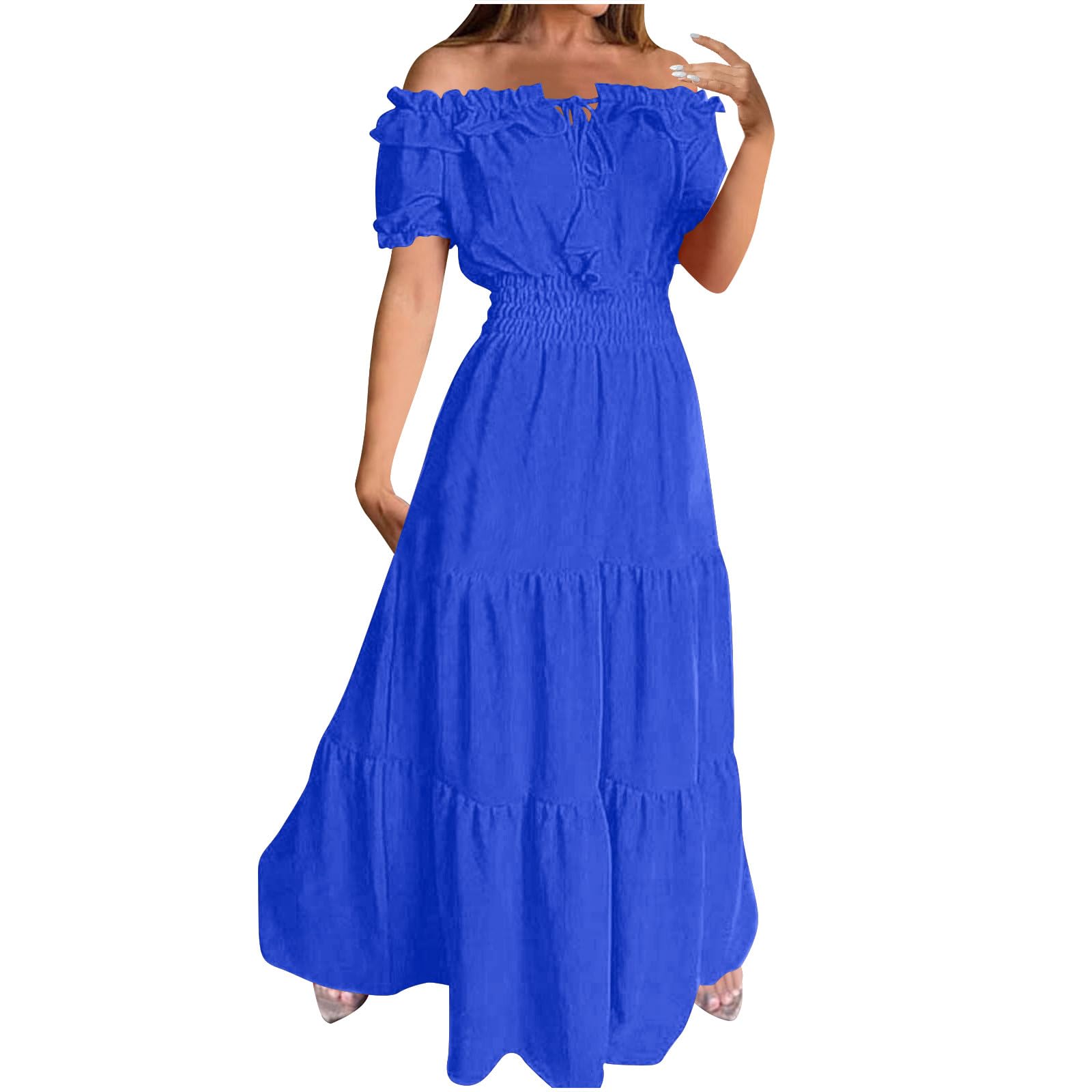 AMhomely Off Shoulder Summer Dresses for Women UK-Elegant Shirred Dress,Bubble Short Sleeve,Drawstring Tunic Maxi Dresses,Boho Casual Beach Dress,Holiday Long Sundress A-Line A Blue XL — image 1