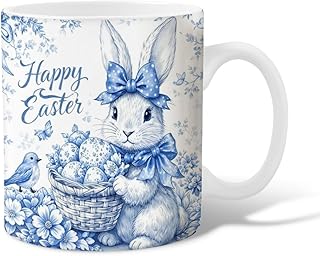 Rabbit Ceramic Coffee Mug, Easter Fanciful Eggs Basket Easter Blue Novelty Hot Chocolate Mug with Handle Gift for Friends Family Co-worker Lovers Eldership Senior 11 Oz