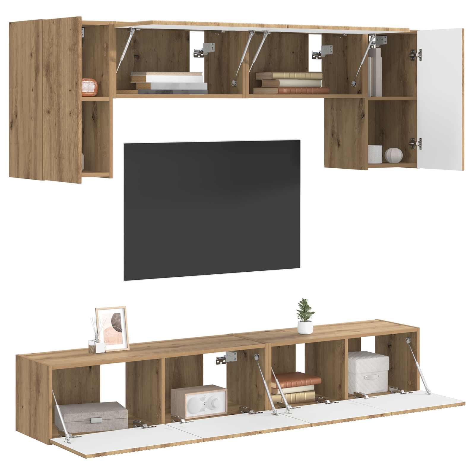 TV-Schrankset Wandmontiert 5-teilig, Hochglanz Weiß Holzwerkstoff, Modernes Media Center für Wohnzimmer, Schlafzimmer, 98x31x29.5cm, mit Stauraum