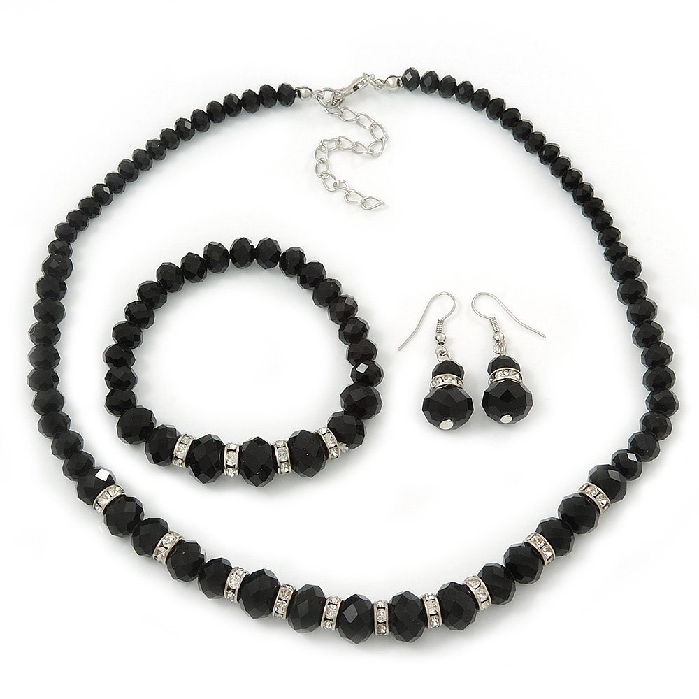 Conjunto de Collar y Pendientes de Cristal Negro Vidrio Gargantilla con Pulsera Flexible Mujer 8