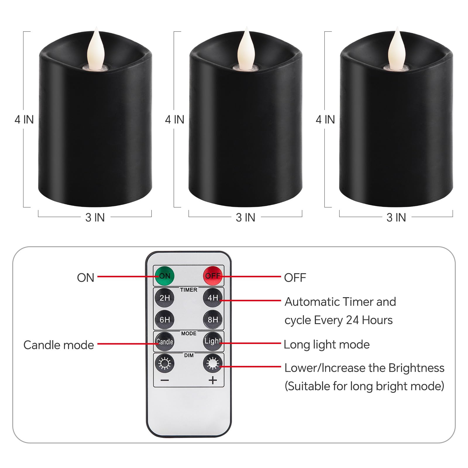 Set di 3 candele tremolanti senza fiamma 3 x 4, candele a LED in vera cera con batteria, con timer, candele senza fiamma da 10,2 cm con telecomando, candele alimentate a batteria, per
