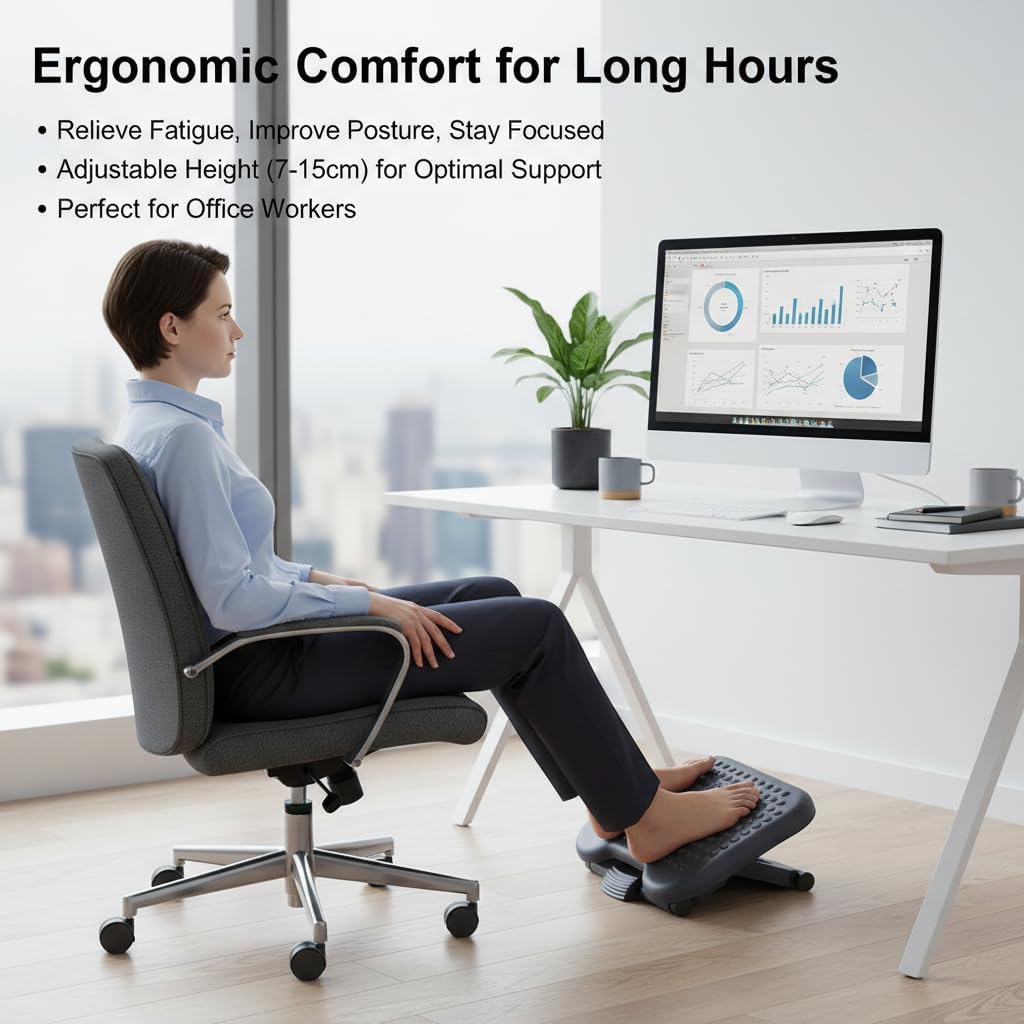 Adjustable Desk Foot Rest with Pebble Massage, Tilt Height Footrest for Home Office, Portable Under Desk Comfort Support