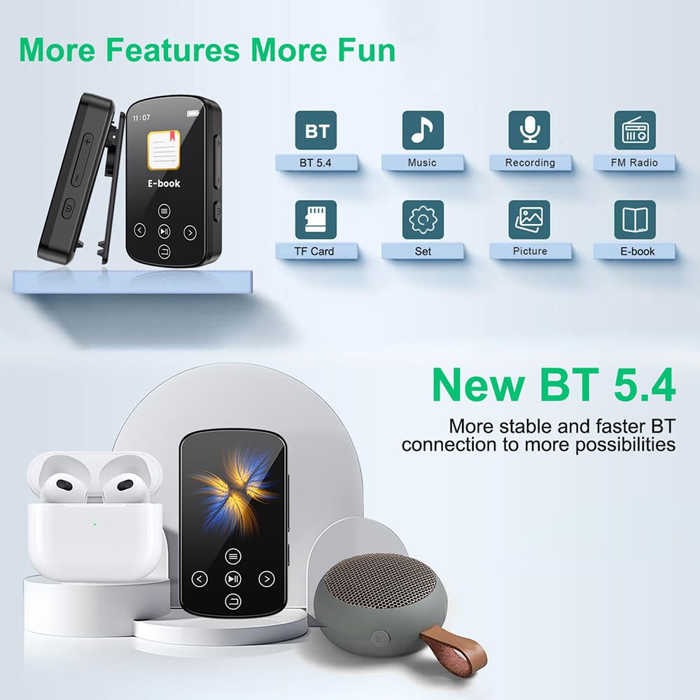 Docooler MP3 Player with Bluetooth 5.4, 1.5 Inch Colorful Screen with Sensitive Touch Button, Hi-Fi Music MP3 Player with Clip Pedometer Voice Recorder, Support TF Card, for Sports, Running - Black