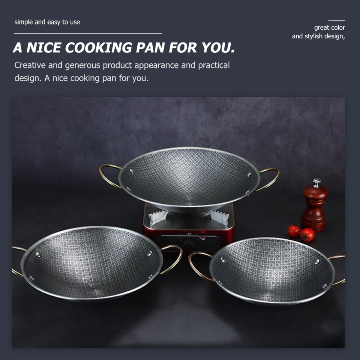 Uonlytech Stainless Steel Cooking Pan with Double Handles 22Cm Paella Pan Sturdy Kitchen Cookware for Home Cooking and Household Hot Pot Use