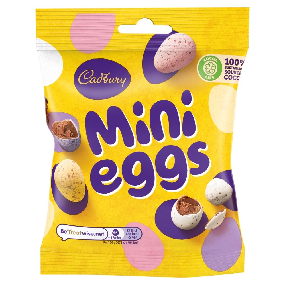 CadburyMini Chocolate Eggs Bag 80g – Solid milk mini chocolate eggs in a crisp sugar shell. Easter Shapes.