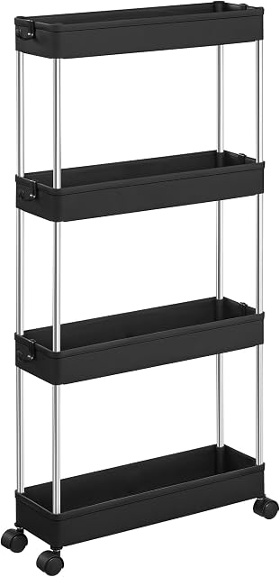 SONGMICS Kitchen Storage Trolley, Drinks Trolley on Wheels, 4-Tier Book Cart, Space-Saving in Office Bathroom, 40 x 13.5 x 86 cm, Black KSC008B01