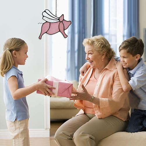 Miniatura 5 de BOXCASA Decoración de cerdo volador, atrapasoles de vitral, lindo cerdo de vitral, divertido regalo de cerdo para niñas, mujeres, amantes de los