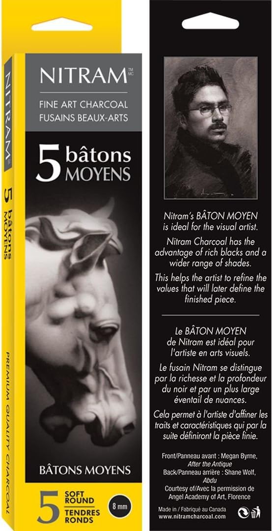 NITRAM Batons Moyens - Extra Soft - B+ - Box of 5 Extra Soft Natural Charcoal Sticks - Round - 8 mm Diameter x 15 cm