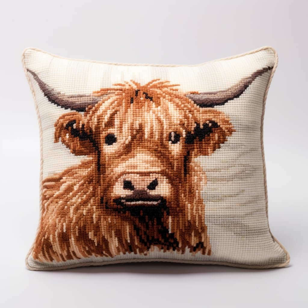 Cross Stitch Kit Cushion Complete Set Animal Highland Cow 17.7X17.7In(45X45Cm) Decoration Manual Embroidery Kit Set Adult Art Creative Gift DIY Printed Cross Stitch Embroidery Pillowcase Di