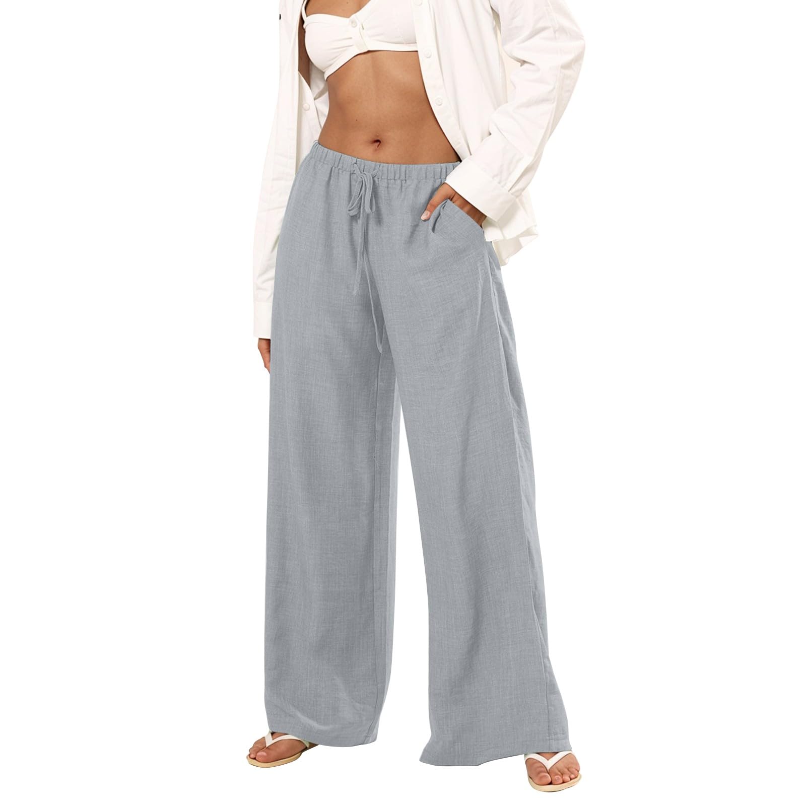 Wide Leg Linen Pants for Women Casual Flowy Elastic Waist Work Pants Comfy Loose Drawstring Lightweight Summer Trousers with Pockets Hiking Boho Beach Palazzo Athletic Joggers