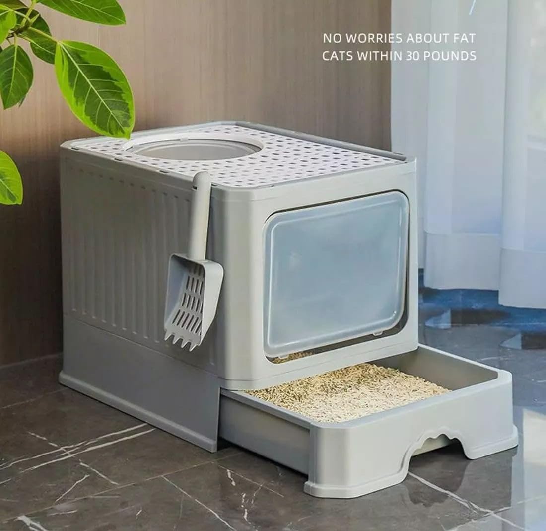Folding Closed Cat Litter Box, Large, PP Material, Foldable Cat Litter Box with Lid, Litter Spoon, Cat Litter Box with Drawer Suitable for Cats up to 15 kg, 50 x 40 x 40 cm…