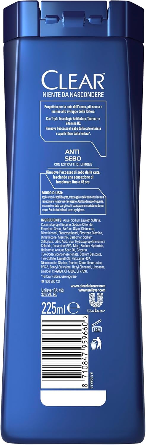 Clear Men Shampooing Antipelliculaire pour cheveux gras Anti-Grease jusqu'à 100% de protection contre les pellicules* 6x 225 ml