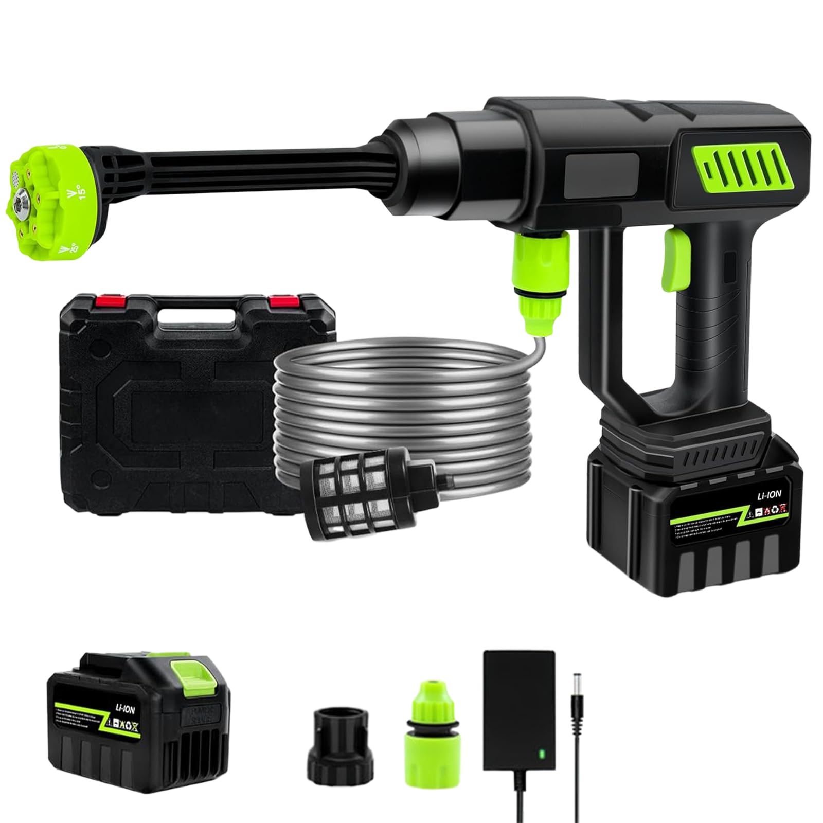 Cordless Pressure Washer with 2 Batteries, 1000W 21V Powerful Battery Power Washer with 6-in-1 Nozzle & 5M Hose, Portable High Pressure Jet Wash for Car, Patio, Garden and Home Cleaning (1 battery)