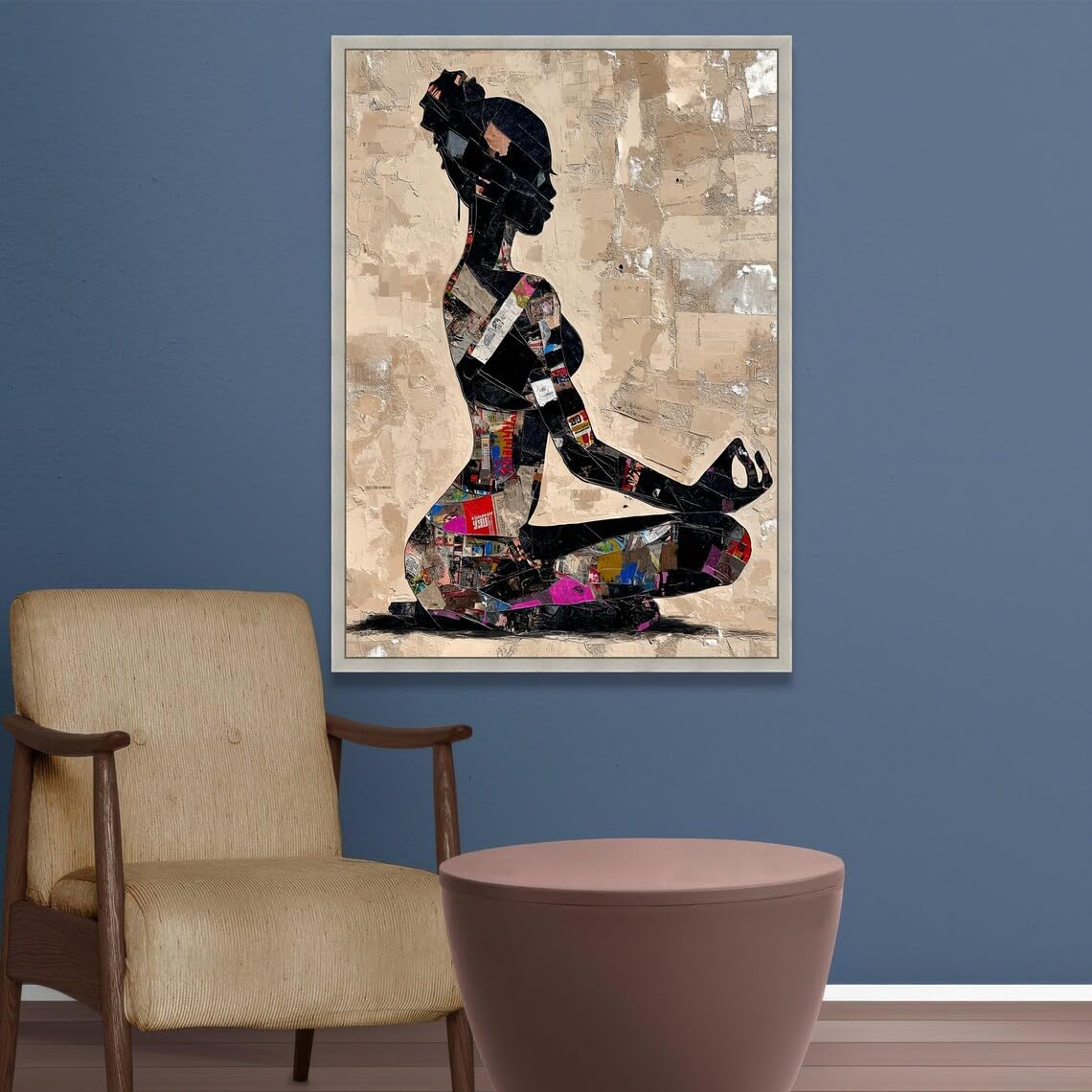YUSUZHU Tela con silhouette di donna in meditazione, arte murale con posa yoga, collage a tecnica mista, decorazione spirituale per la casa (50x70 cm/cornice interna)