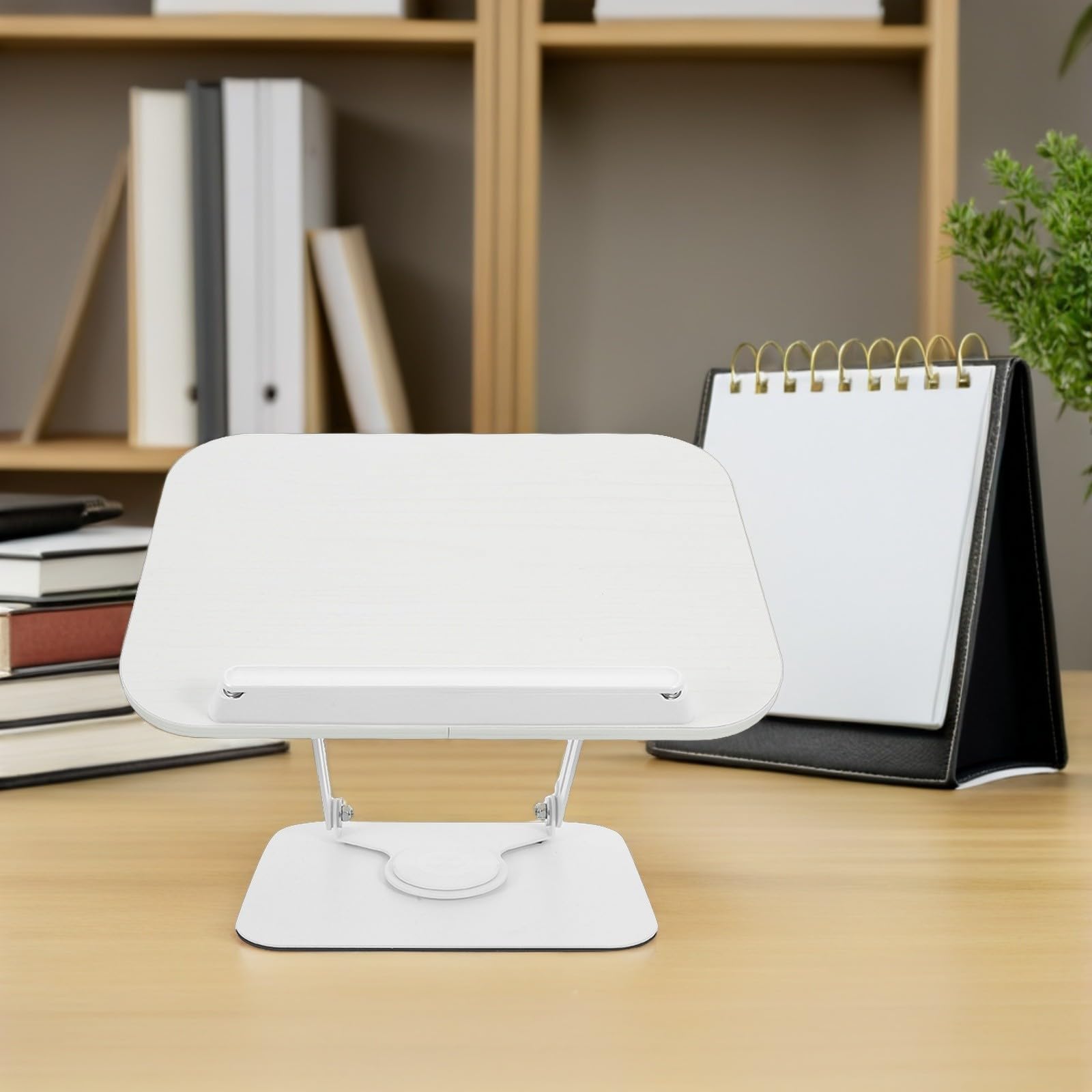 POPETPOP Supporto per Libri da Tavolo Beige in Legno e Acciaio al Carbonio, Portatile con Base Girevole a 360° e Altezza Regolabile, per Scrivania Studio e Presentazioni