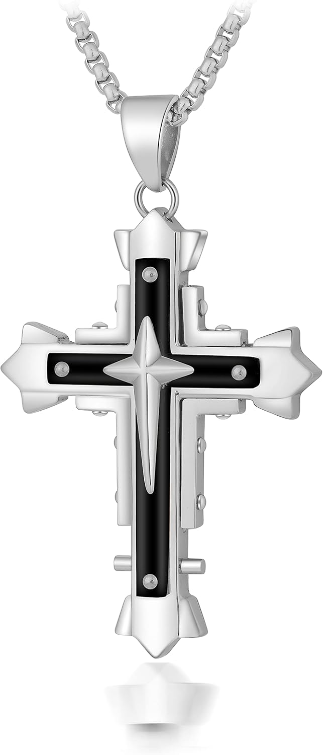 Stainless Steel Large Jesus Christ Cross Pendant Necklace Religious Jewelry For Men,On 24 In Rolo/Byzantine Chain,Silver/Gold/Black - Image 2