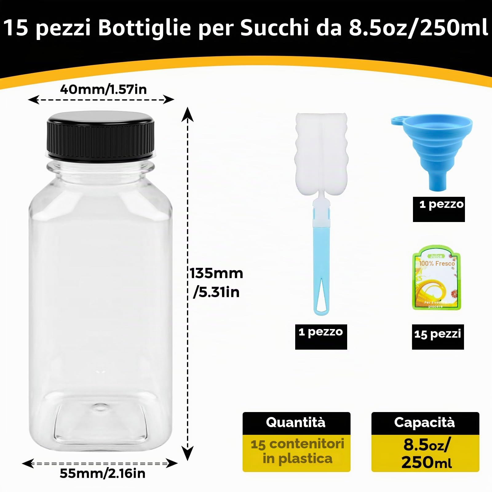 15 Bottiglie Vuote di Succo di Plastica, 250ml Bottiglie Succhi Riutilizzabili con Etichetta e Imbuto, Bottiglia per Bevande, Contenitore Trasparente per Bevande con Coperchio Neri