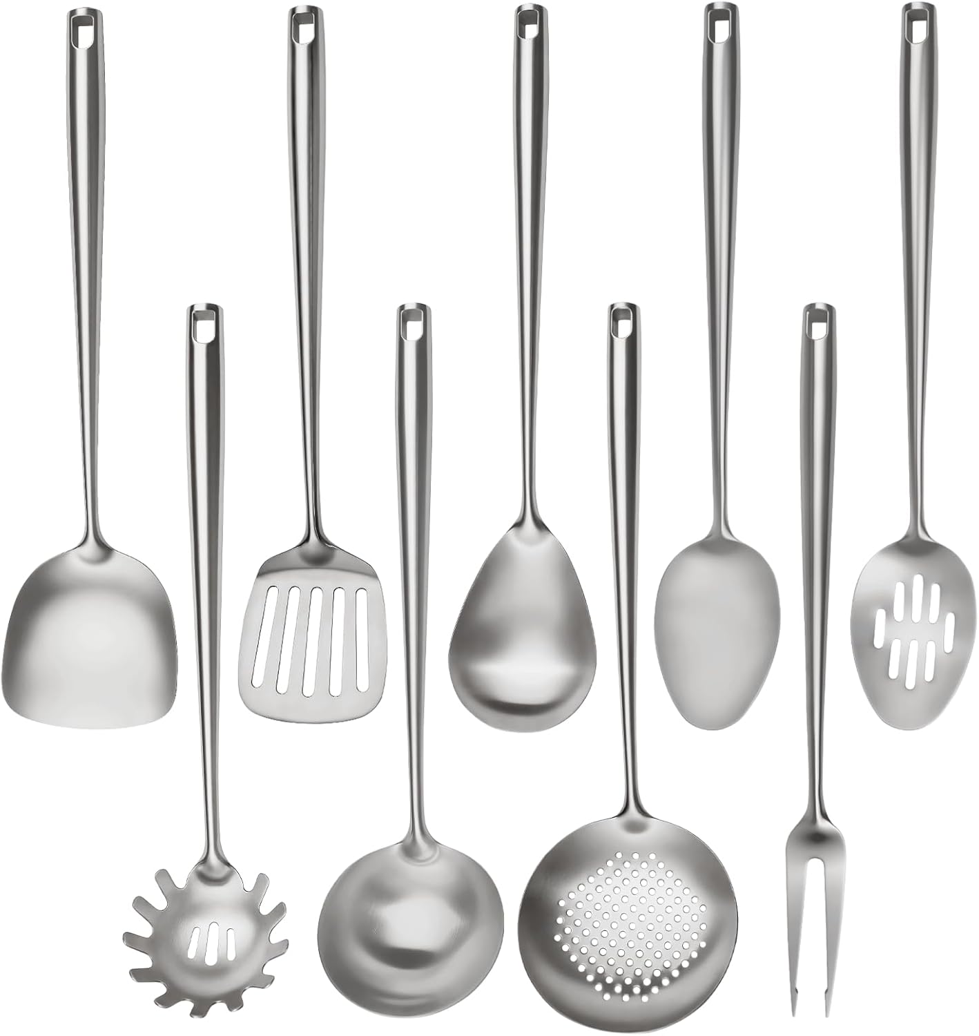 18/10 Stainless Steel Cooking Utensils Set,9 Pcs Professional All Metal Stainless Steel Kitchen Utensils Set with Wok Spatula,Soup Ladle,Skimmer,Slotted Spatula Turner, Large Spoon(Dishwasher Safe)