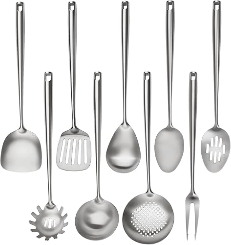 Juego de utensilios de cocina de acero inoxidable 18/10, 9 piezas profesionales de acero inoxidable de metal con espátula wok, cucharón de sopa,
