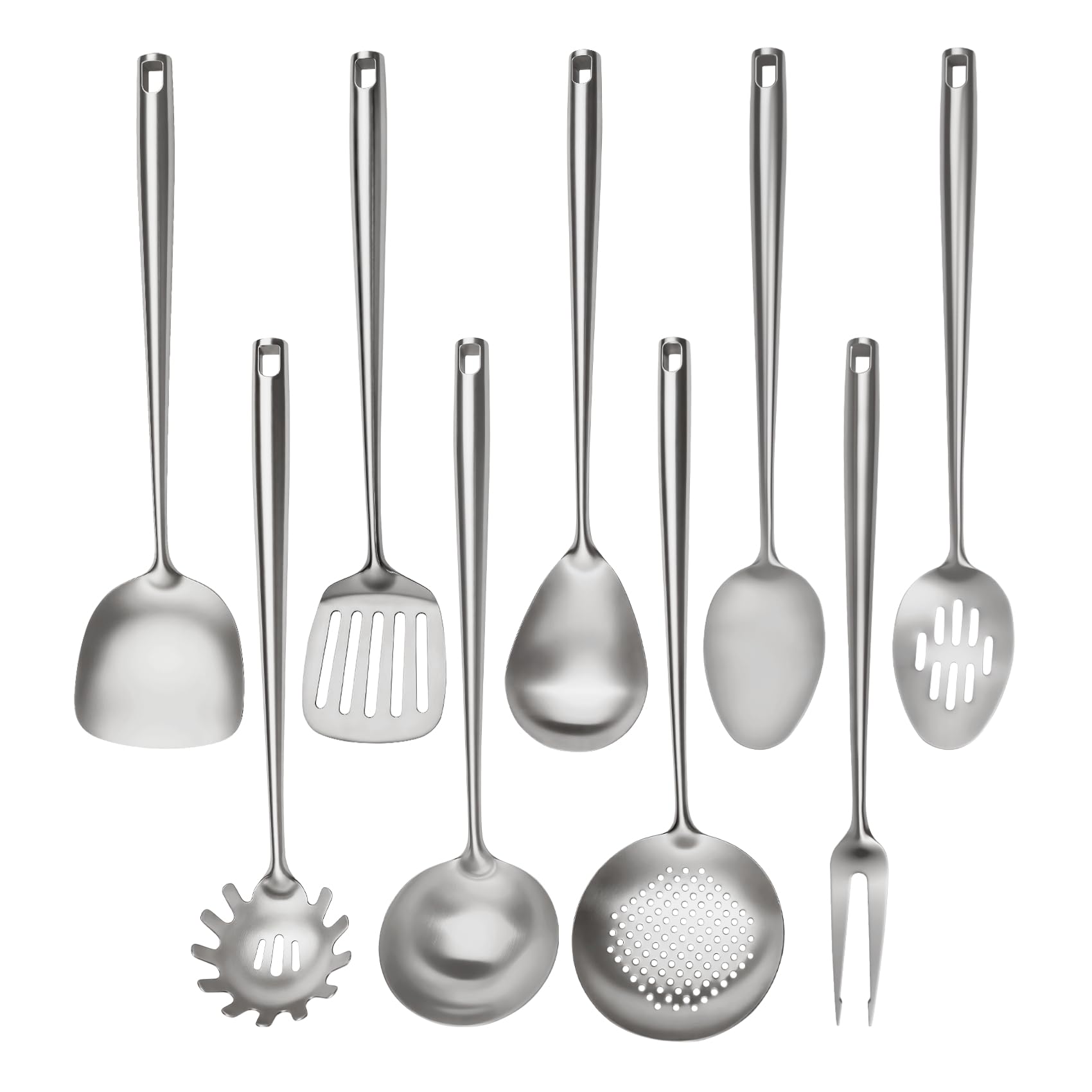 Küchenutensilien-Set aus 18/10 Edelstahl, 9-teilig, professionelles Kochutensilien-Set aus Metall mit Wok-Spatel, Suppenkelle, Schaumlöffel, Pfannenwender, Spaghetti-Löffel, großem Löffel