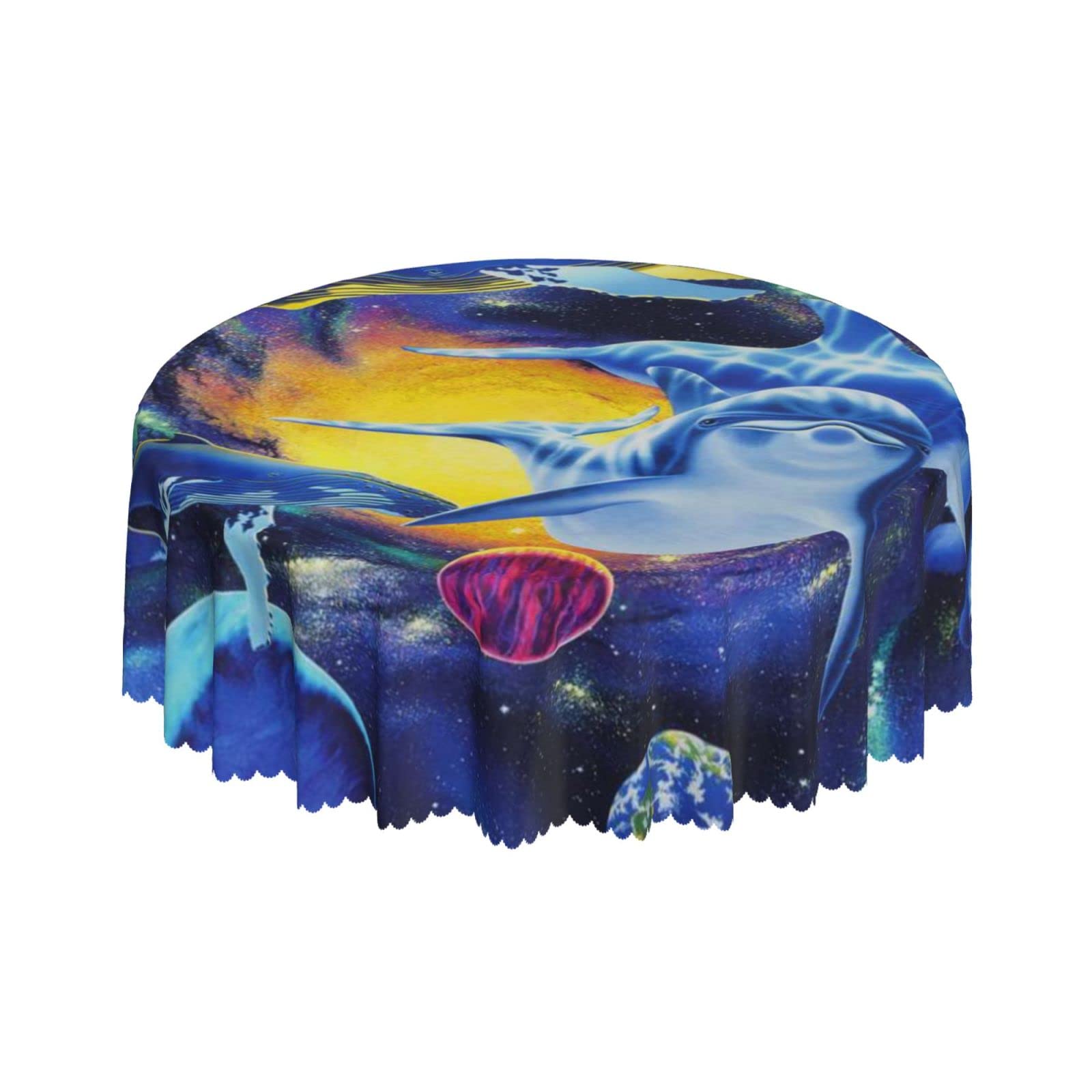 Lsjuee Dolphin Whale Abstract Universe Ocean Round Tablecloth 60 Inch Printed Washable Tablecloth for Dining Party Holiday Fall Home Decorative
