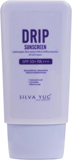 SILVA YUG Drip Sunscreen SPF 50+ PA+++ | 50 ML | Absorption under 5 seconds | APF &amp; Multi-Vitamins for glowing skin | Ultr...