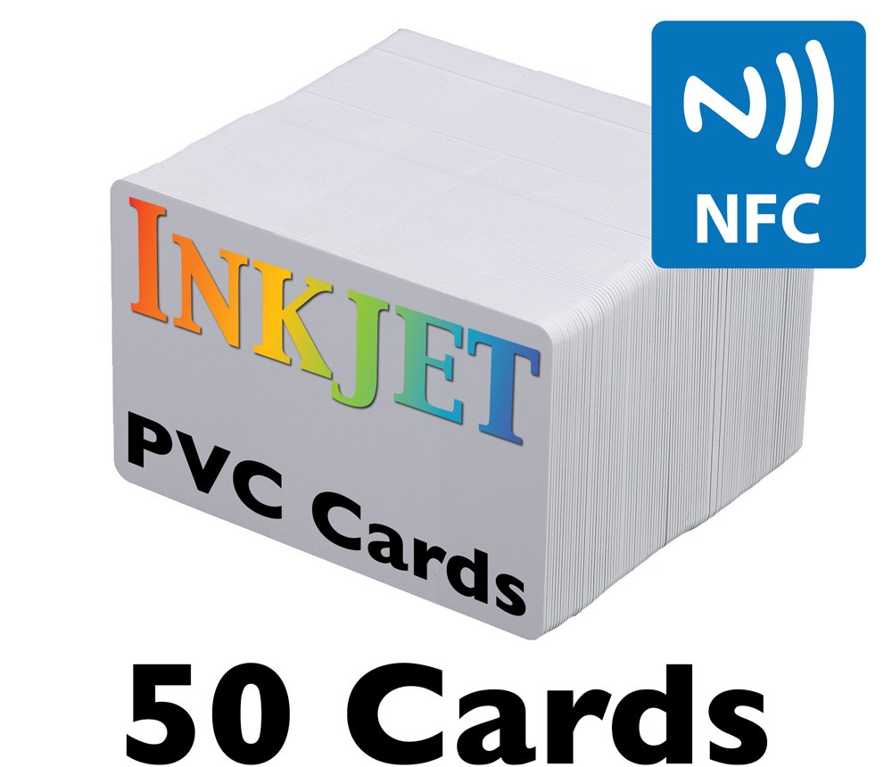 Inkjet PVC Cards with NTAG215 NFC Chip, Waterproof Double Sided Printable CR80 Cards, Compatible with Canon and Epson Inkjet Printers Using PVC Card Trays, 50 Pack