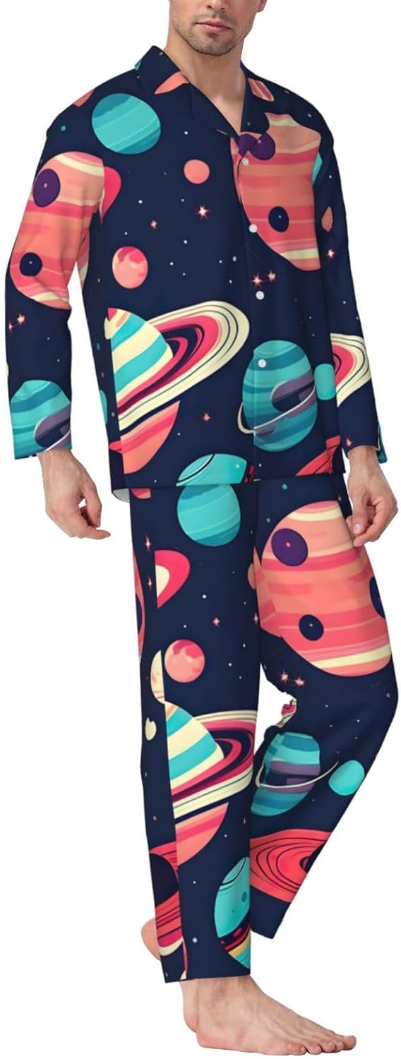 Space Planets Print Luxurious Mens Pajamas Set,Breathable Pajamas Set,Perfect For Lounging Bed,Sofa