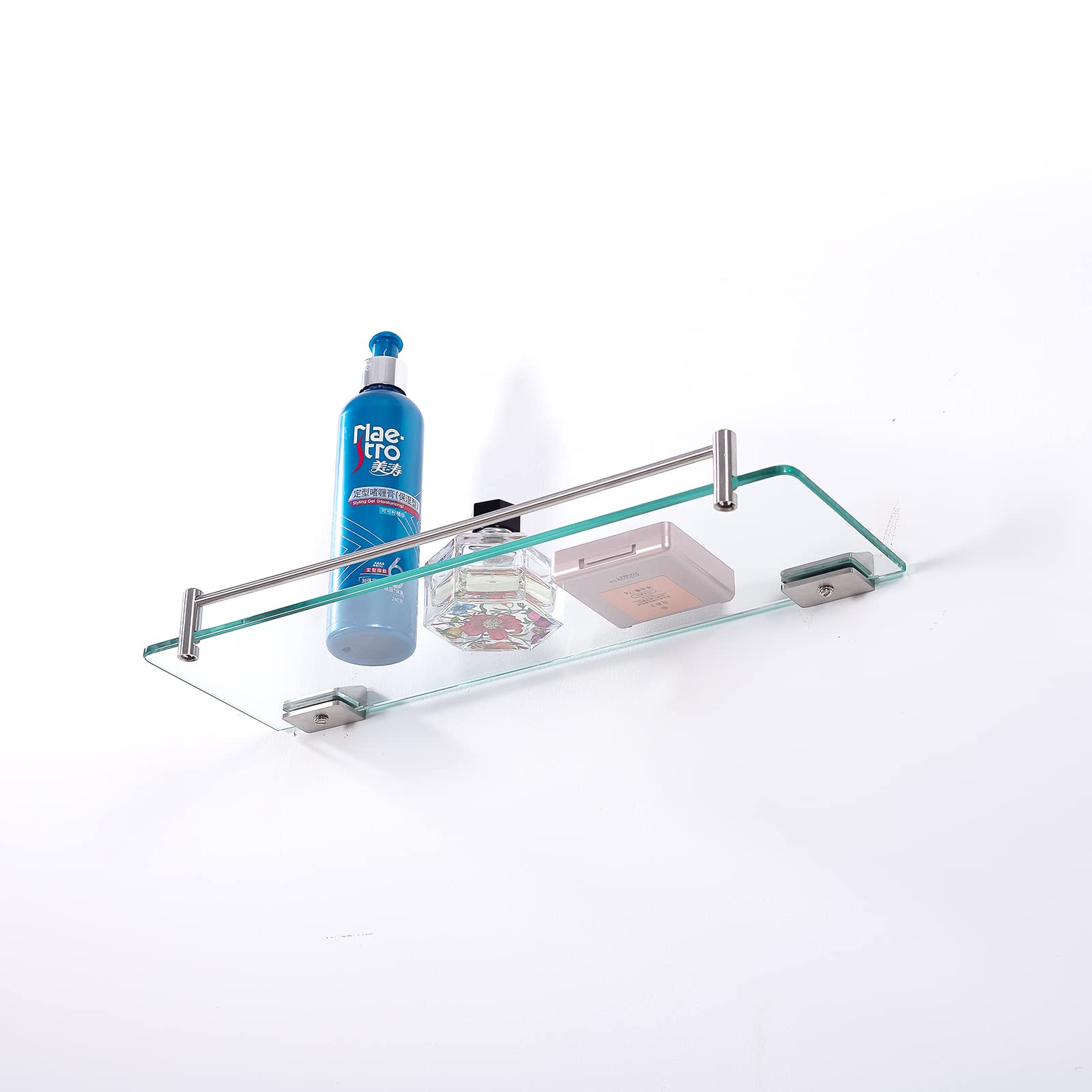 APROTOSS 16 inch Glass Shelf with Rail- Add a Touch of Elegance to Your Bathroom with Our Glass Shower Shelf Brushed Nickel and Floating Glass Shelf & Glass Bathroom Shelves Wall Mounted