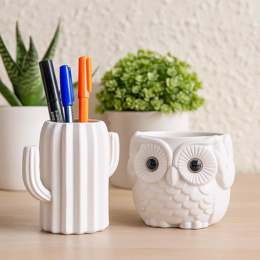 Plastic Pen Pencil Stand for Desk & Table, 2 Pack Small Owl Cactus Desk Organizers for Office Supply Organizer, Cute Mini Pen Holder for Home Décor, 5 Inch Pen Stand – Include 1 Pencil or pen Free-image-33