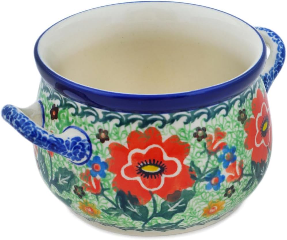 Polmedia Polish Pottery Bouillon Cup UNIKAT - Red Poppies Pattern Handmade in Boleslawiec Poland by Ceramika Artystyczna + Certificate of Authenticity