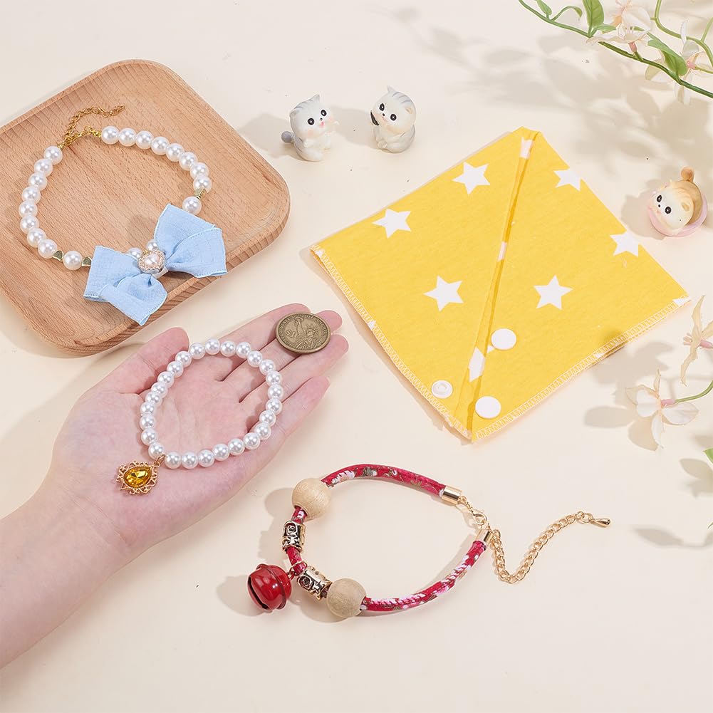 WEBEEDY 4 Styles Kitten and Puppy Collar Combination Small Pet Jewelry Collars Natural Wood Pet Bell,Dirt-Proof Triangle Scarf,Pearl Collar Necklace with Crystal and Bow Pets Party Accessories - Image 4
