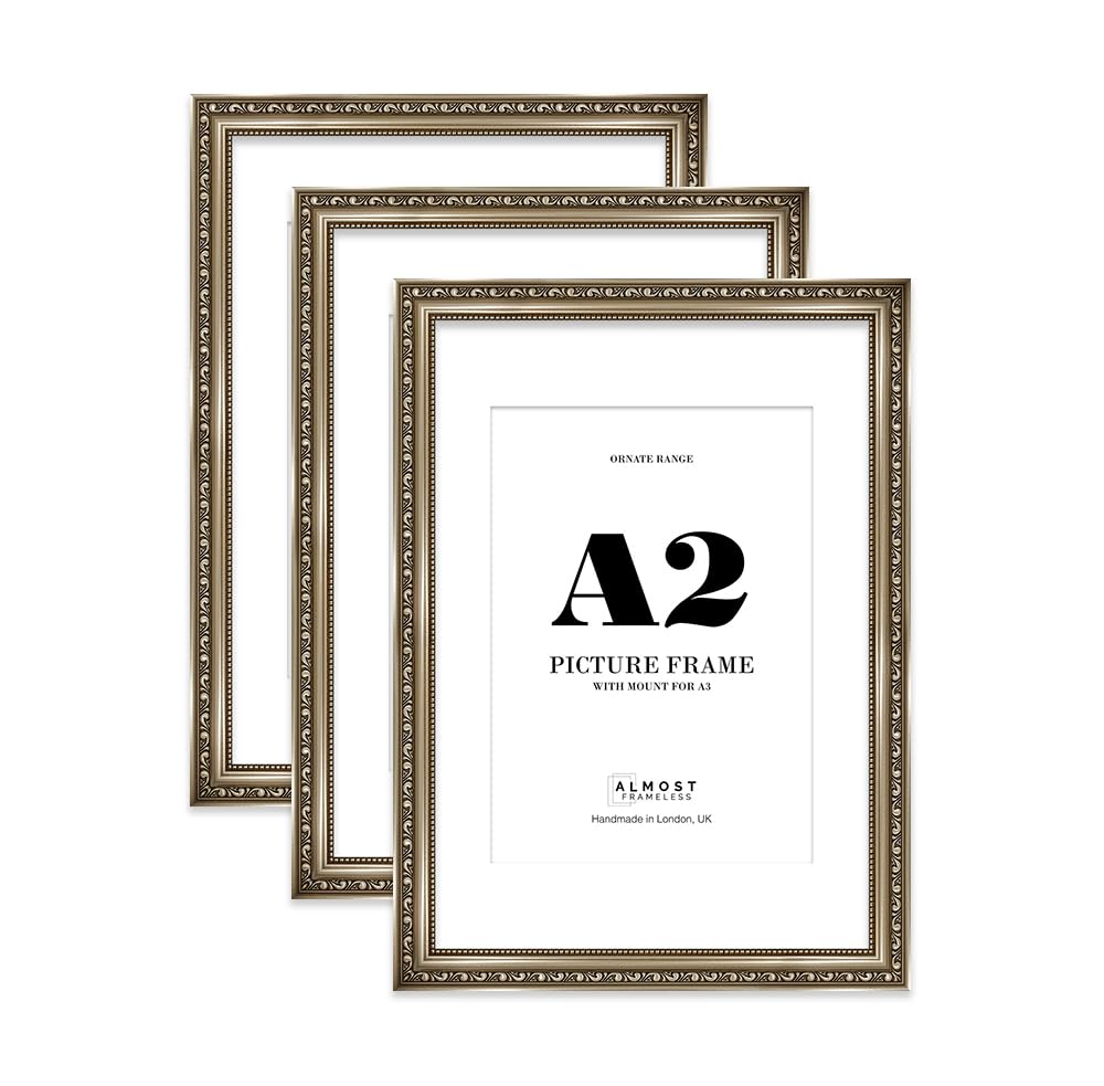Gunmetal Ornate Picture Frame A2 With A3 Mount for Photos - Wall Display, Landscape or Portrait, 3 Pack